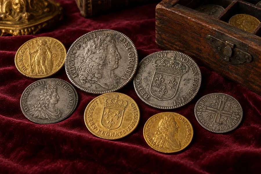 Monnaies royales en or et en argent posées sur un velours, près d'un coffret ancien